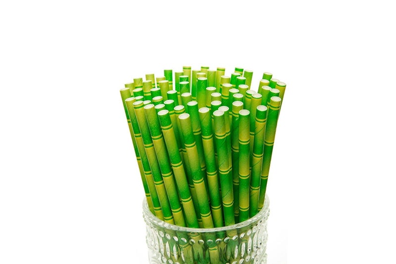 YEHAM 100 Pc 2 Colors Biodegradable Bamboo Print Paper Drinking Straws for Juices Shakes Birthday Wedding Party Supplies - Image 2